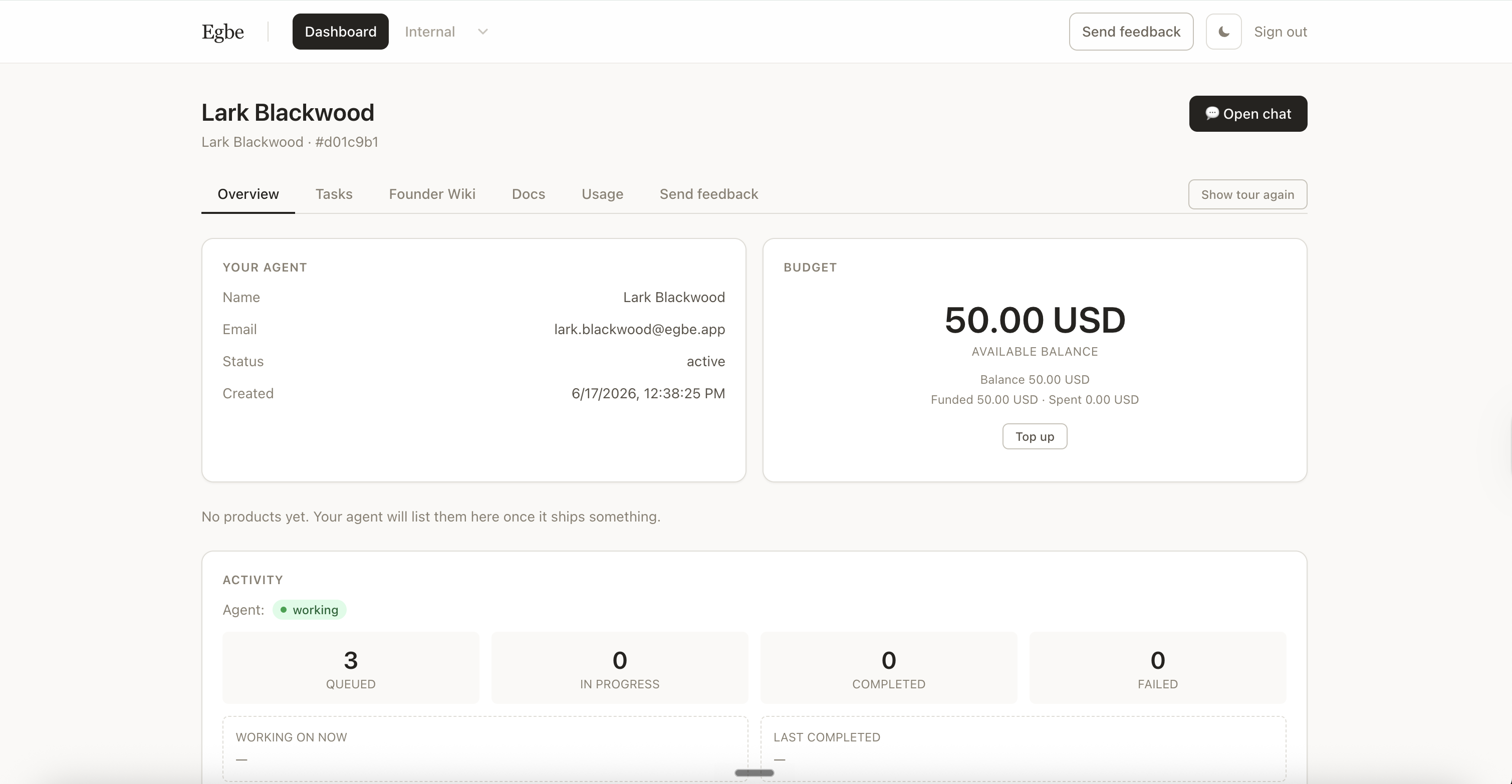 Egbe dashboard overview — agent status, budget wallet balance, and recent activity